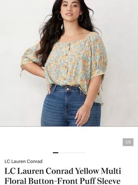Lauren Conrad Size 3 X Floral Button-Front Puff Sleeve Top - Yellow/Blue